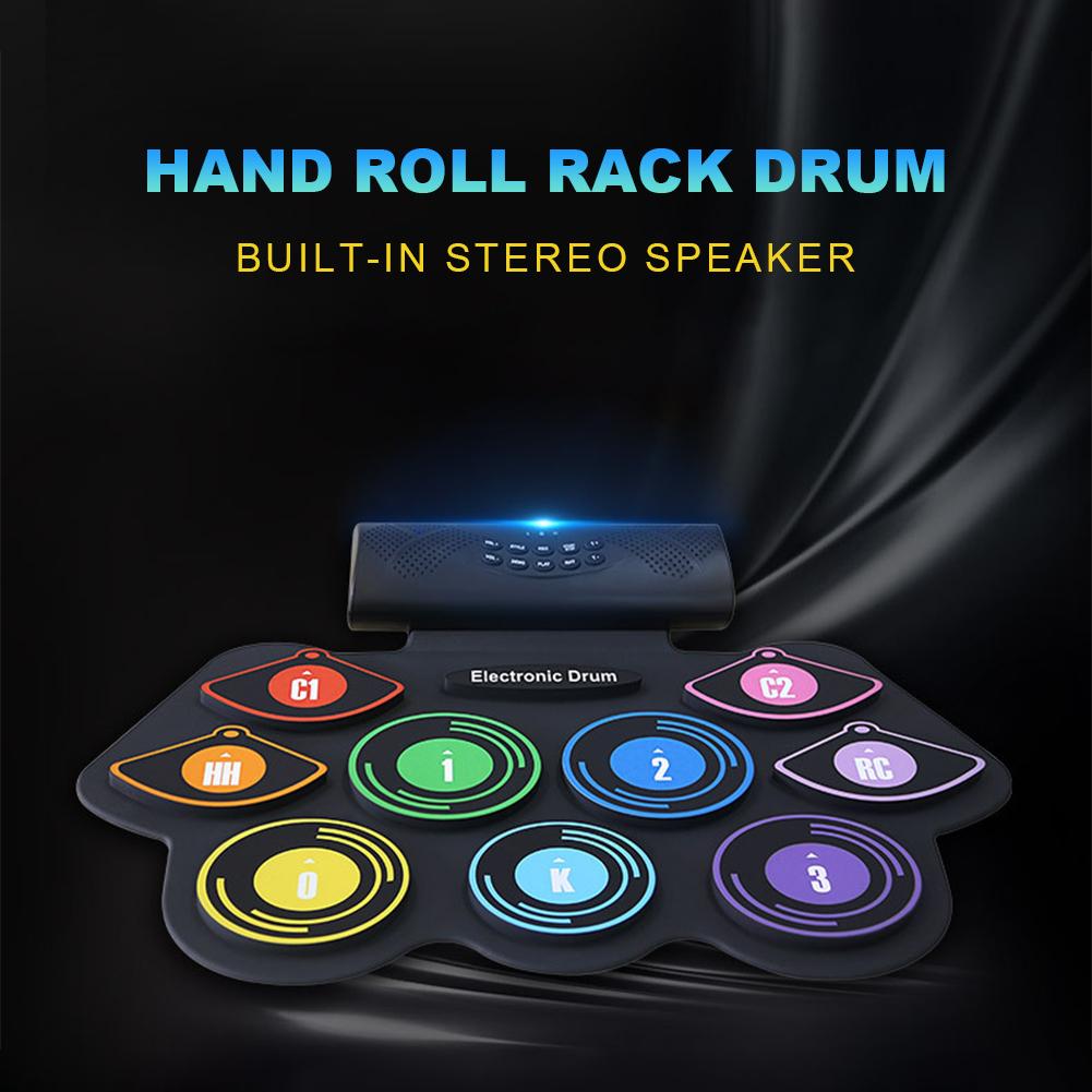 Electronic Drum Set Hand Roll Drum Percussion Instrument 9 Pads BT External Sound Drumsticks Foot Pedal MIDI Interface Speaker