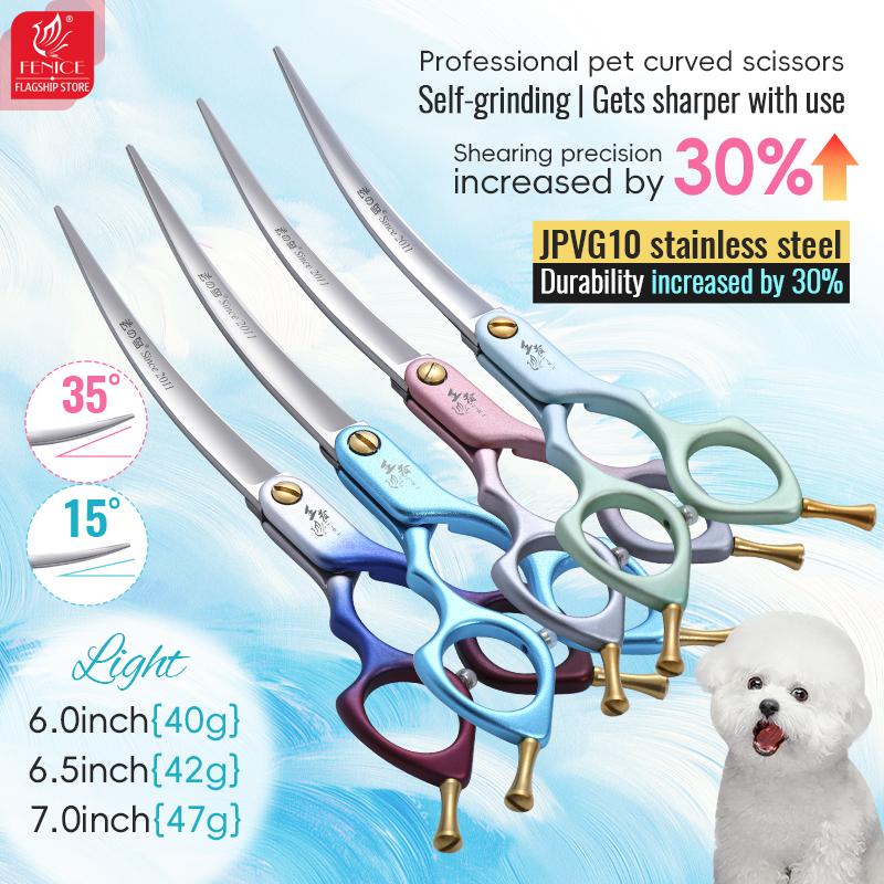 Fenice King Series Pet Grooming Scissors 6/6.5/7 Inch Self Grinding JPVG10 Lightweight Curved 35°&15° Shears Animal Hair Cutting