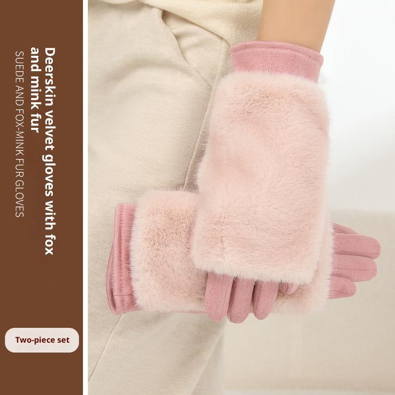 Женские осенне-зимние перчатки из кроличьего меха плюс бархатные утолщенные ветрозащитные и теплые перчатки для верховой езды, устойчивые к холоду, замшевые перчатки с сенсорным экраном