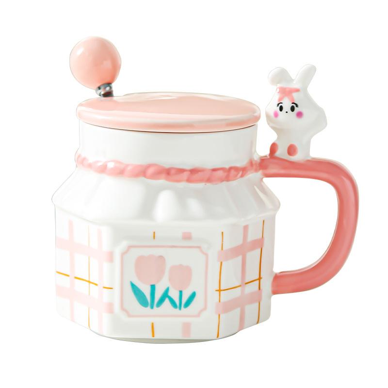 Кружка для пары 'Тюльпан и Кролик', креативная, с высокой ценностью, керамическая, для дома и офиса, кофейная чашка с крышкой