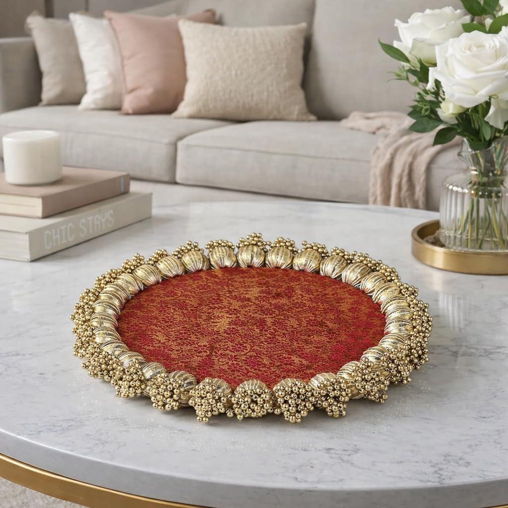 SATYAM KRAFT 1 Pc Handmade Jhumkhi Platter (10 Inch) with Gota Patti & Golden Moti |