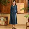 Vintage Chinese Style Embroidery Cotton Single Breasted Dress Woman Spring V-Neck Long Sleeves A-Line Dress