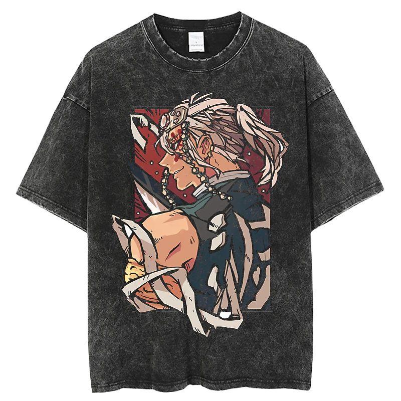 Original Demon Slayer Ghost Slayer Blade Washed Old Loose Cotton T-Shirt Men's and Women's T-Shirt
