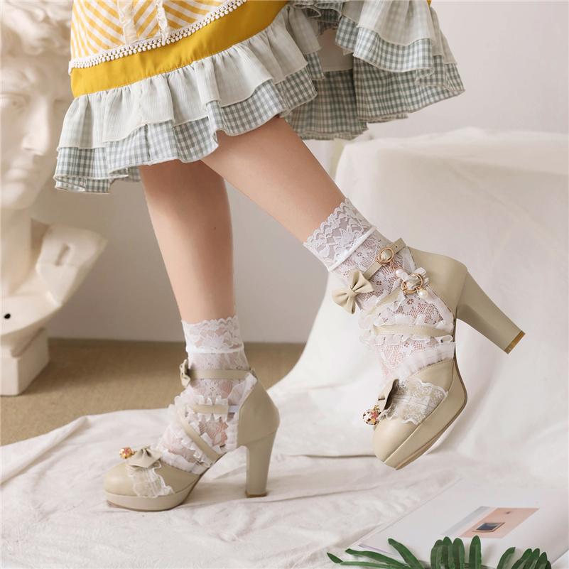 Туфли-лодочки в стиле Лолита с ремешком на щиколотке, кавайные туфли-лодочки с круглым носком, на платформе, на толстом высоком каблуке с пряжкой и бантом, с оборками, женская обувь для косплея, весна-осень