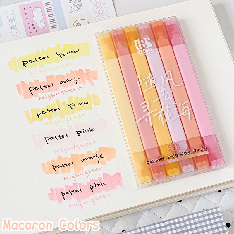 6pcs Dual Tip Highlighter Pens Set Macaron Pastel Colors Chisel Tip Quick Dry Soft Brush Student Drawing Set