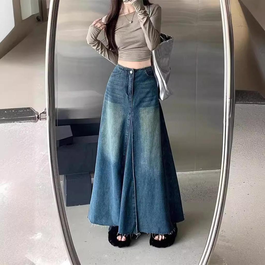 2025 Новая длинная джинсовая юбка А-силуэта с высокой талией для женщин - Ретро-стирка и облегающий крой