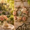 Garden Gift for Family It's Time Tea Door Sign, Metal Floral Wreath Hanger with Teapot Teacup Design, Yard Art Sculptures Rustic Wall Decor