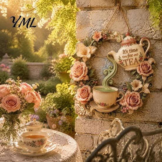 Garden Gift for Family It's Time Tea Door Sign, Metal Floral Wreath Hanger with Teapot Teacup Design, Yard Art Sculptures Rustic Wall Decor