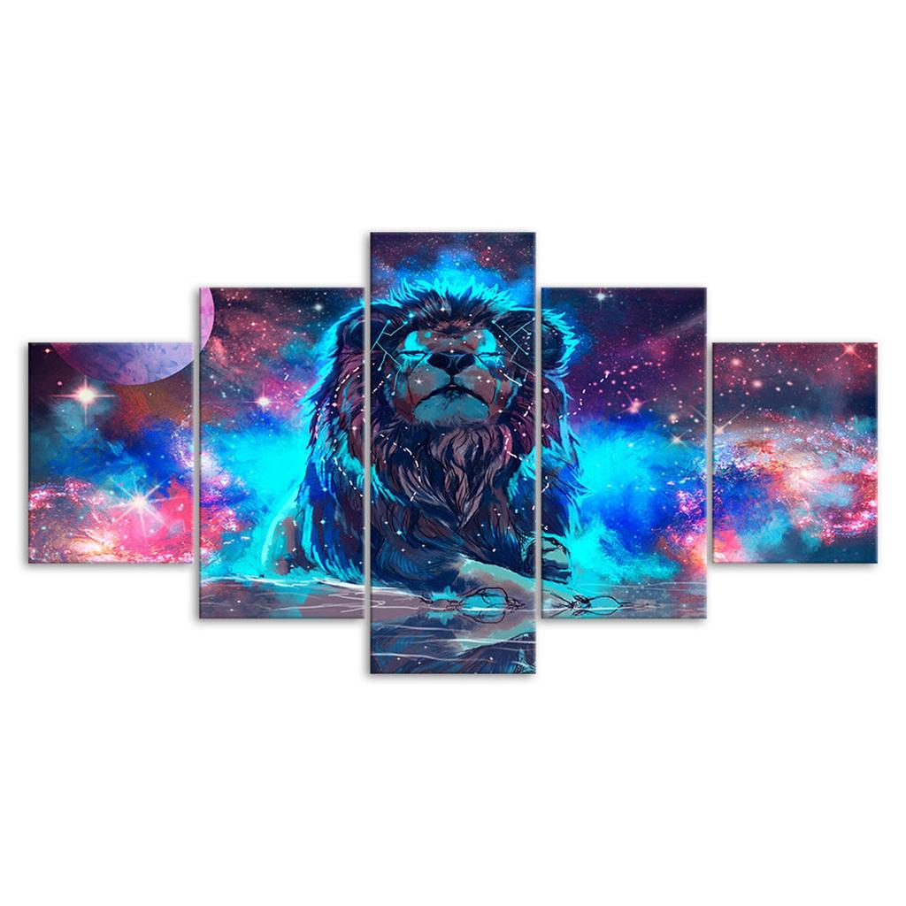 Abstract Lion Mystical Animal Glowing Cosmic Scenery 5 Piece Five Panel Wall Canvas Print Modern Art Poster Home Decor Gift For Him For Her