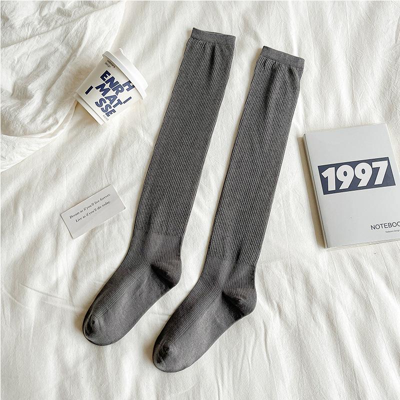 Female Spring and Autumn Pure Color Simple College Style All Build Sweet Long Leg Socks