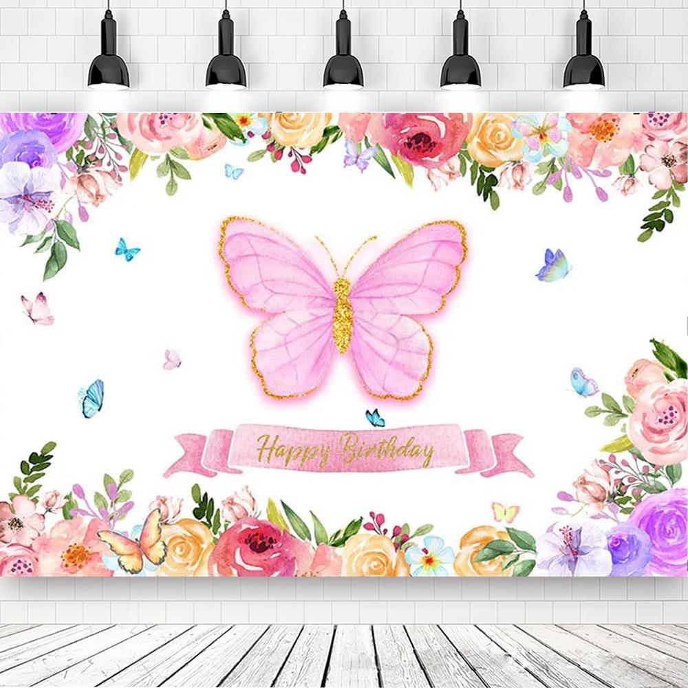 Butterfly Birthday Party background Girls Fairy Princess Purple Pink Floral Gold Kids Table Banner Decor Photography Background