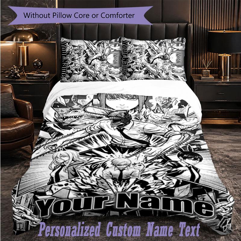 Personalized 3Pcs Bedding SetChainsaw Man Custom Text Duvet Cover Pillowcase Set Bedroom Gift