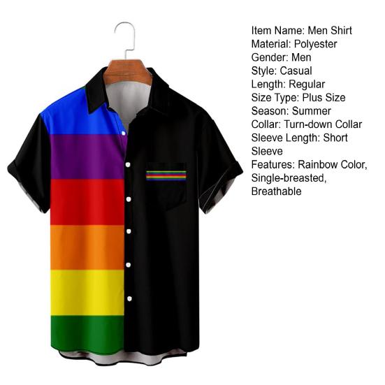 Men Summer Shirt Color Matching Bright Colors Turn-down Collar Single-breasted Short Sleeves Cooling Buttons Rainbow Color Plus Size Beach Shirt