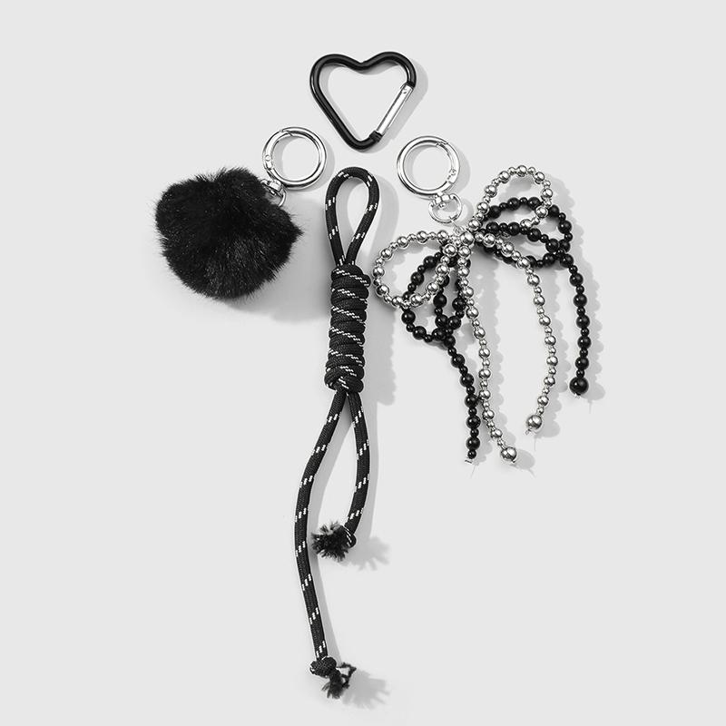 Black Braided Rope Keychain Three-Dimensional Love Ball Racket Cherry Charm Pendant Keyring Simple Bag Decoration