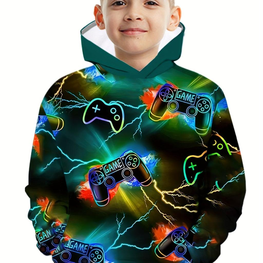 Stylish Boys 3D Print Long Sleeve Hoodie - Soft Slight Stretch Polyester Fabric, Regular Fit, Machine Washable, Random Pattern