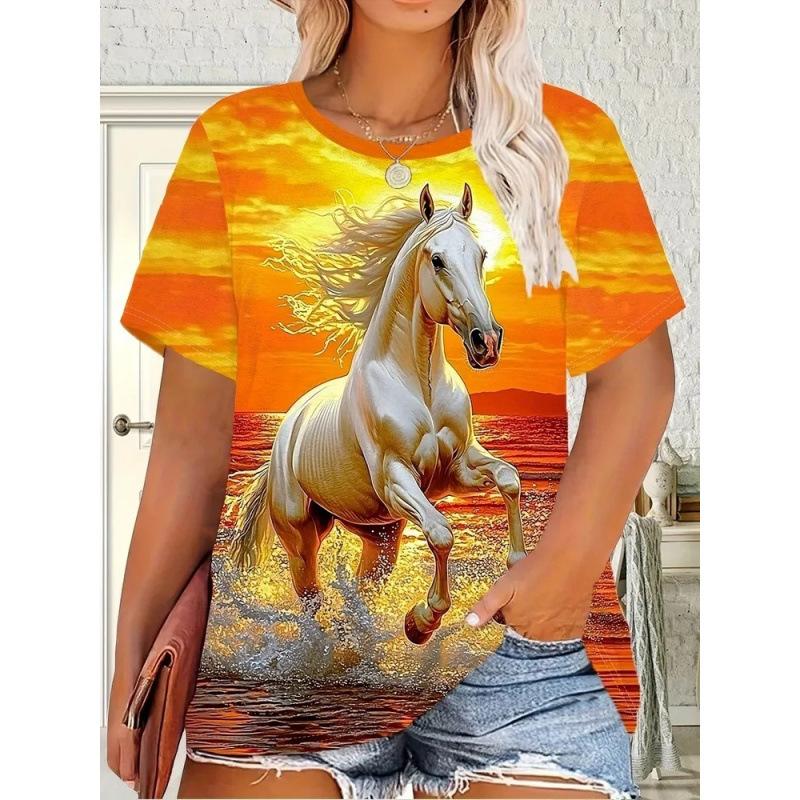 Летние animal horse ретро 3D-принт футболки женские повседневные с коротким рукавом футболка стритвир с круглым вырезом топы женская одежда