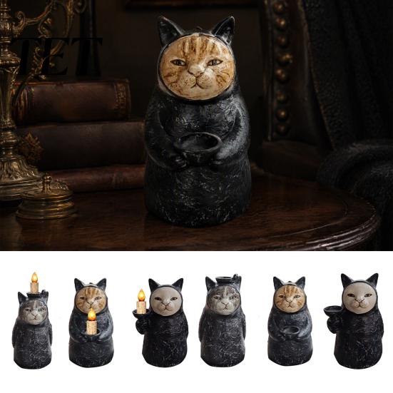 Spooky Table Centerpiece Hooded Black Cat Resin Figurine, Gothic Statue with Candle Holder, Mysterious Unique Holiday Presents Decor Ornament