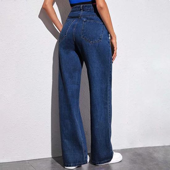 Women Jeans with Pockets High Waist Button Zipper Closure Straight Pants Solid Color Vintage American Style Denim Trousers for Daily Wear Scool