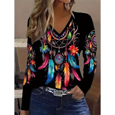 Женская футболка с V-образным вырезом и длинными рукавами с племенным узором, повседневный трикотаж из полиэстера, летний топ обычной длины