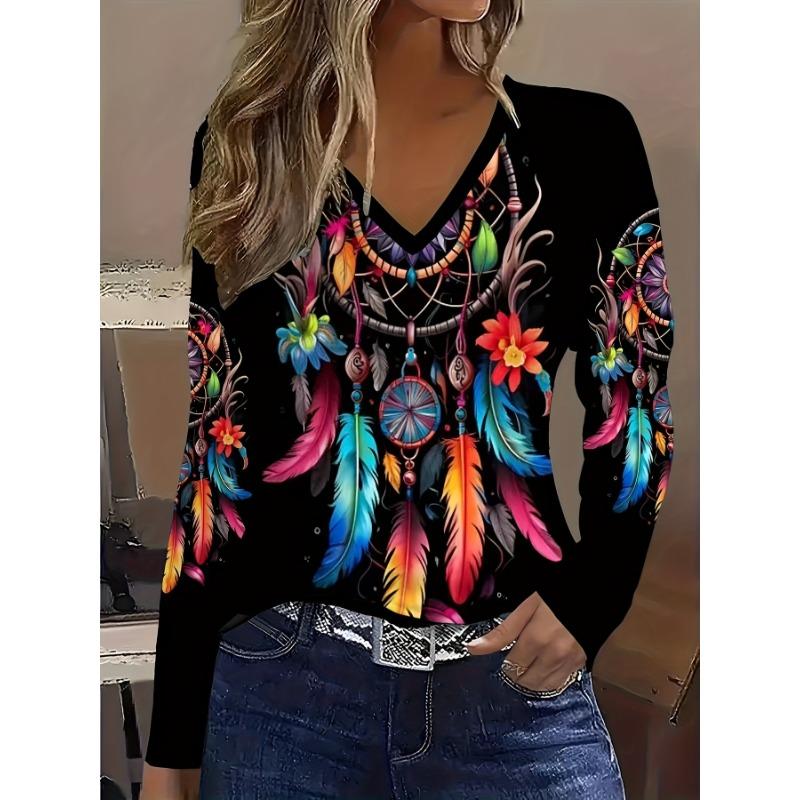 Женская повседневная футболка с этническим принтом - 95% полиэстер 5% эластичная нить, топ с круглым вырезом и длинным рукавом, случайный пейсли с геометрическим узором