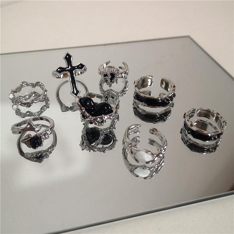 Панк Harajuku Goth Thorns черный, серебристый цвет нерегулярное открытое кольцо с сердечком и крестом для женщин и мужчин, винтажные 90-е годы Y2K, ювелирные изделия в стиле гранж