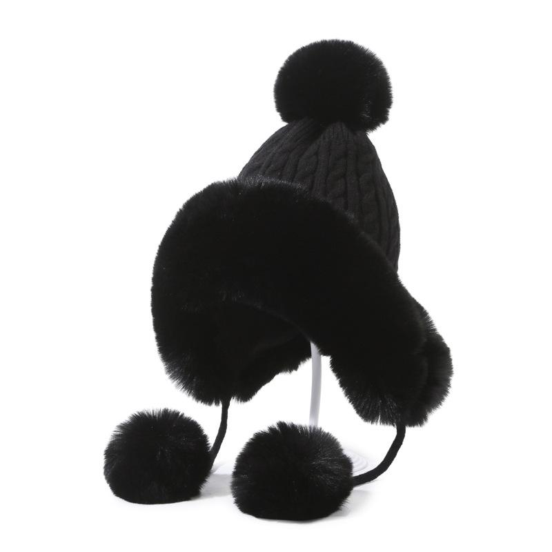 Hunting-Style Women's Faux Fox Fur Pom-Pom Earflap Hat Wool Knit Business Travel Ski Beanie 100% Polyester