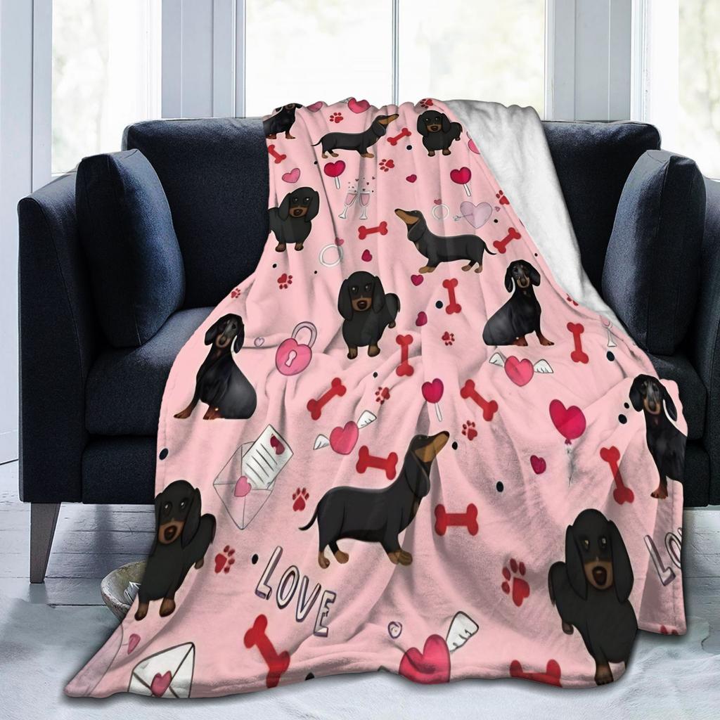 Dachshund Valentine's Day Fleece Blankets Dogs Animal Funny Throw Blankets for Home 150*125cm Quilt