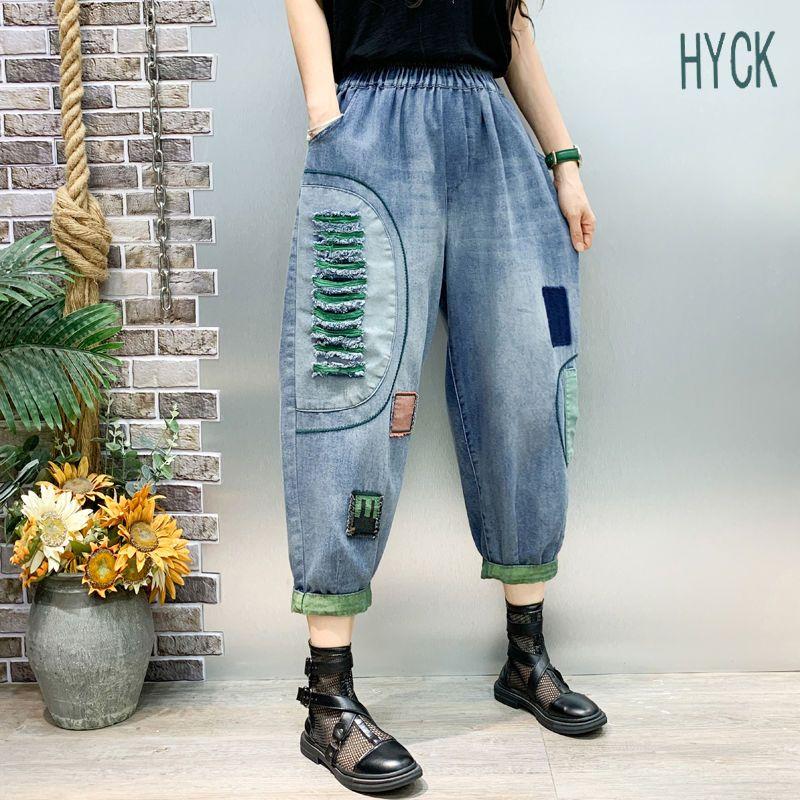 Джинсы в стиле пэчворк для женщин с высокой талией, винтажный и стильный свободный крой
