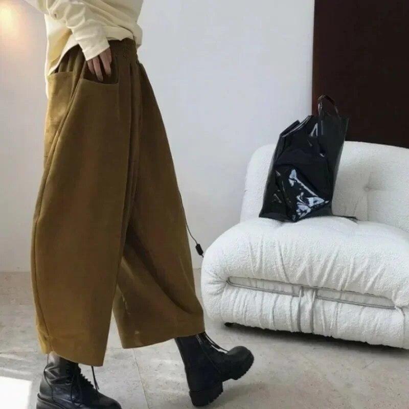 Vintage Loose Bloomers Womens Pants Spring Elegant Wide-legged Harem Pants With Pockets Autumn Office-lady Solid Trousers 30016