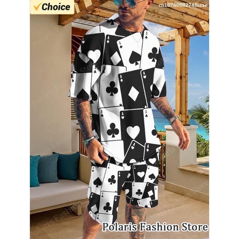 Летний черно-белый комплект футболок с принтом покера для мужчин, пляжный спортивный костюм с коротким рукавом, повседневная одежда из 2 предметов, мужская спортивная одежда
