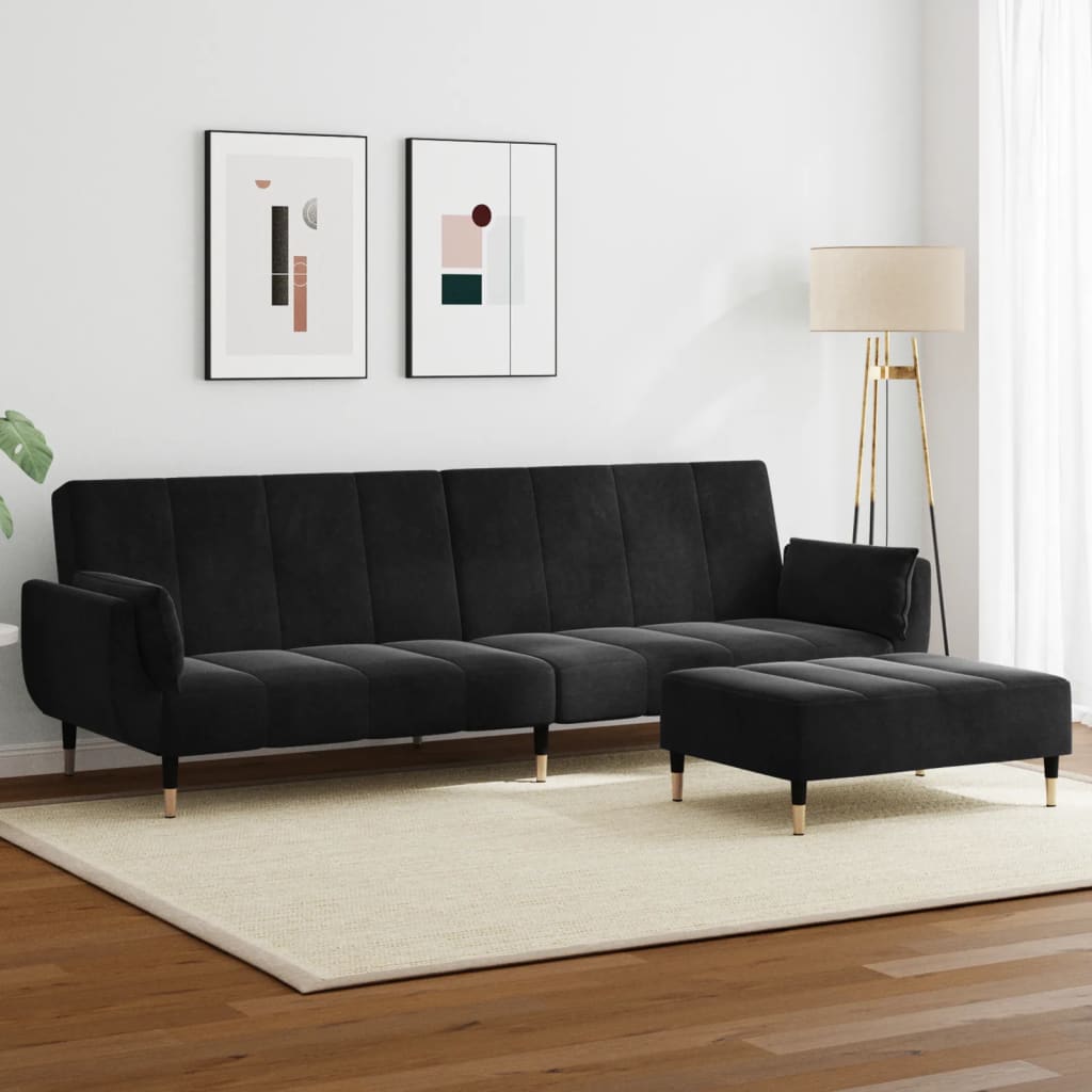 2 Seater Sofa Bed with Ottoman Black Velvet