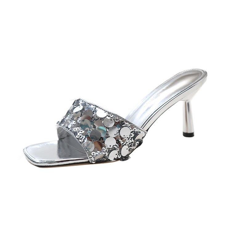 Модные горячие продажи 2025 Новые модные женские шлепанцы в французском стиле с пайетками, современные шлепанцы на высоком каблуке с квадратным носком, женские