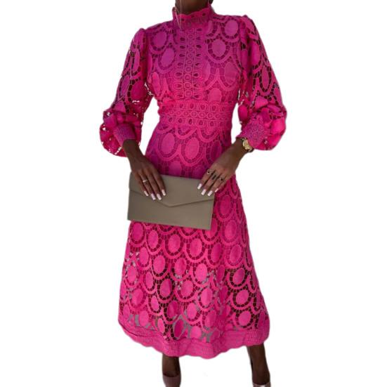 Женское весенне-летнее платье с воротником-стойкой и длинными рукавами, ажурное кружевное сплошное цветное двухслойное ретро платье макси с высокой талией для выпускного вечера