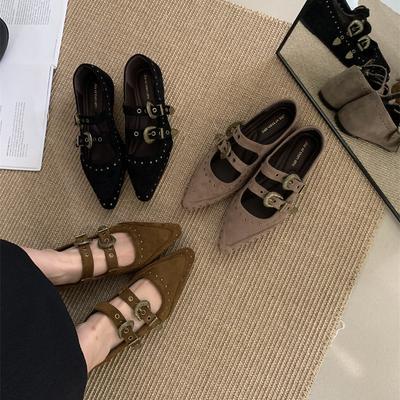 Французские ретро туфли Мэри Джейн с острым носком женские 2025 новые замшевые туфли на плоской подошве с юбками универсальные маленькие кожаные туфли