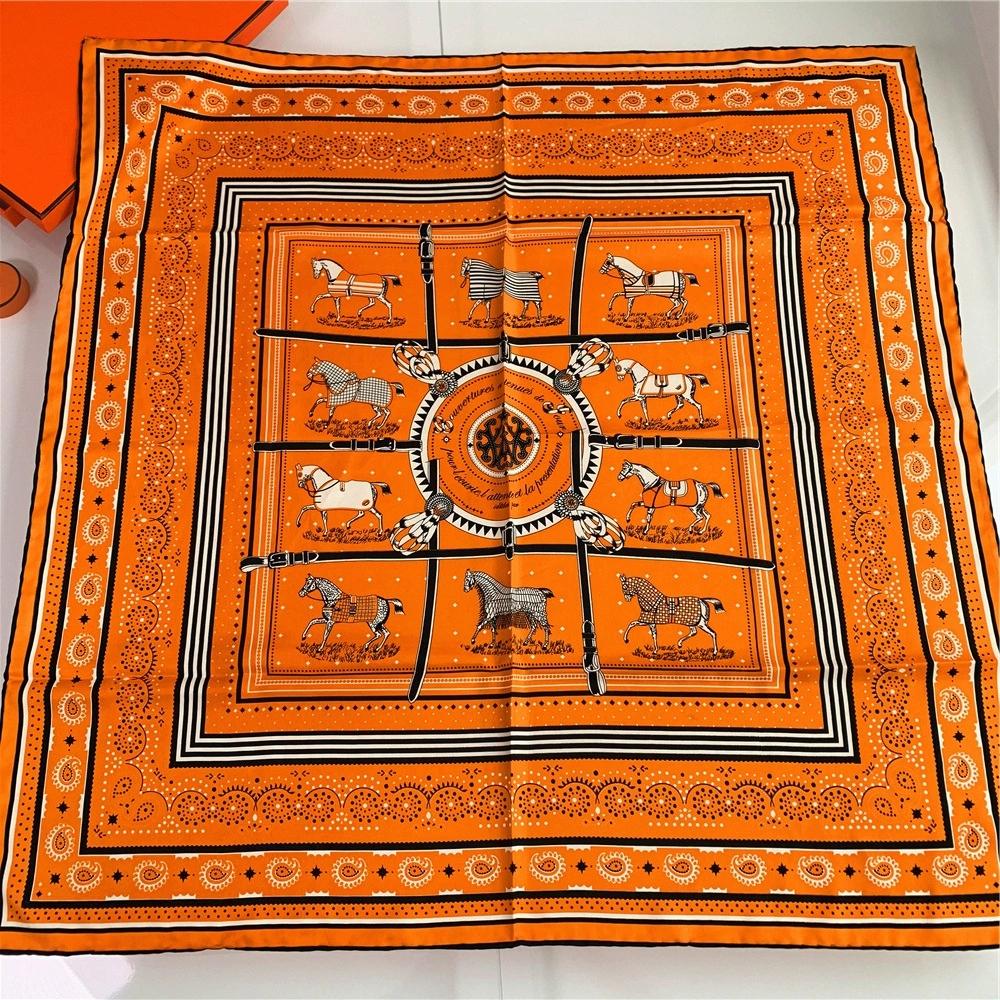 90CM Square Manual Hand Rolled Twill Silk Scarf Women Plaid Horse Design Scarves Bandana Hijabs For Holiday