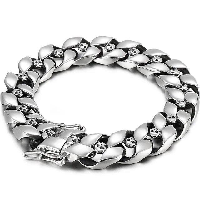 Punk Gothic Stainless Steel Skull Head Curb Chain Bracelet For Men Male 13MM 8.5 Inches Boys Mens Biker Bracelets Dropshipping