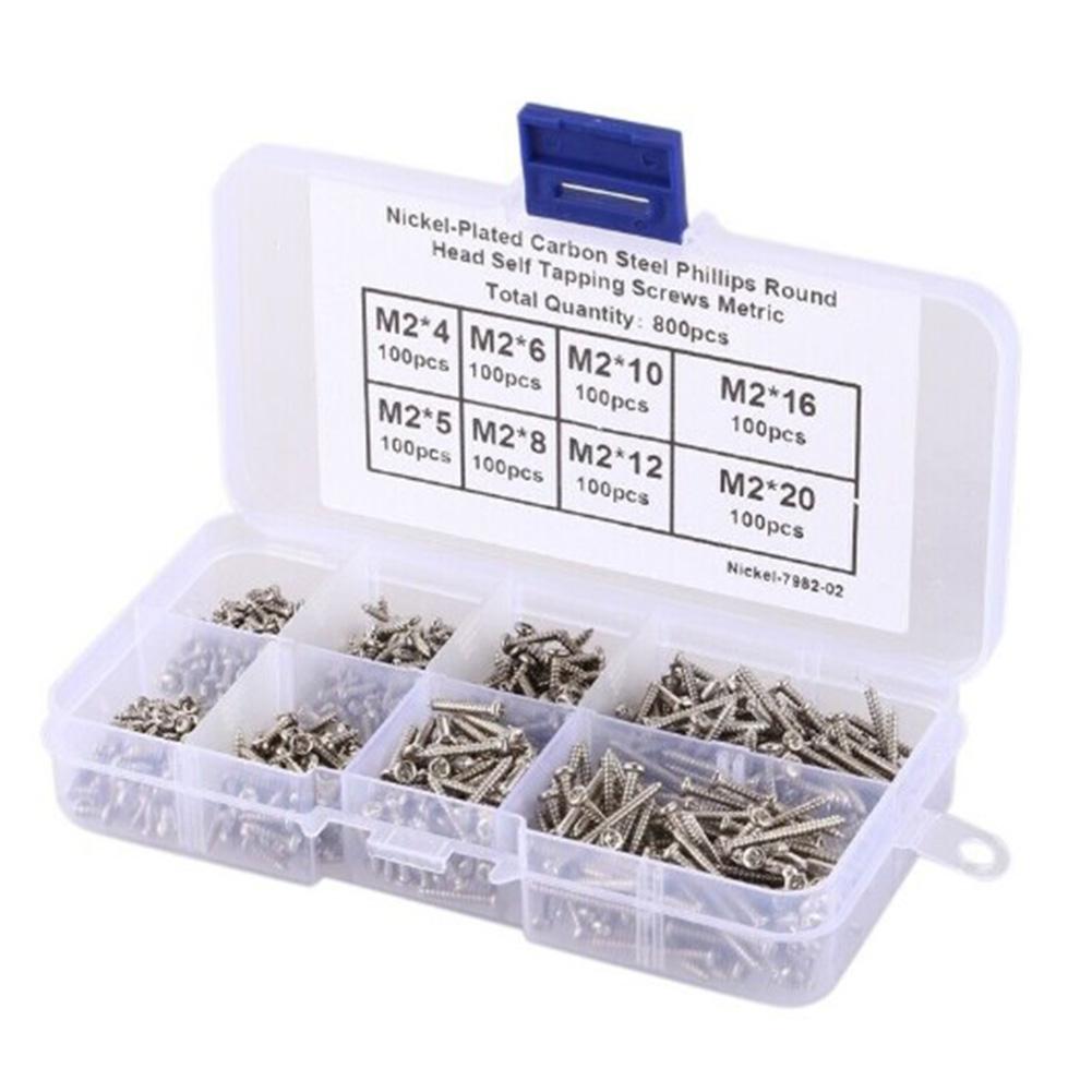 800pcs M2 Round Carbon Steel Nickel-Plated Silver Disc Self-Tapping Screw Combination Set