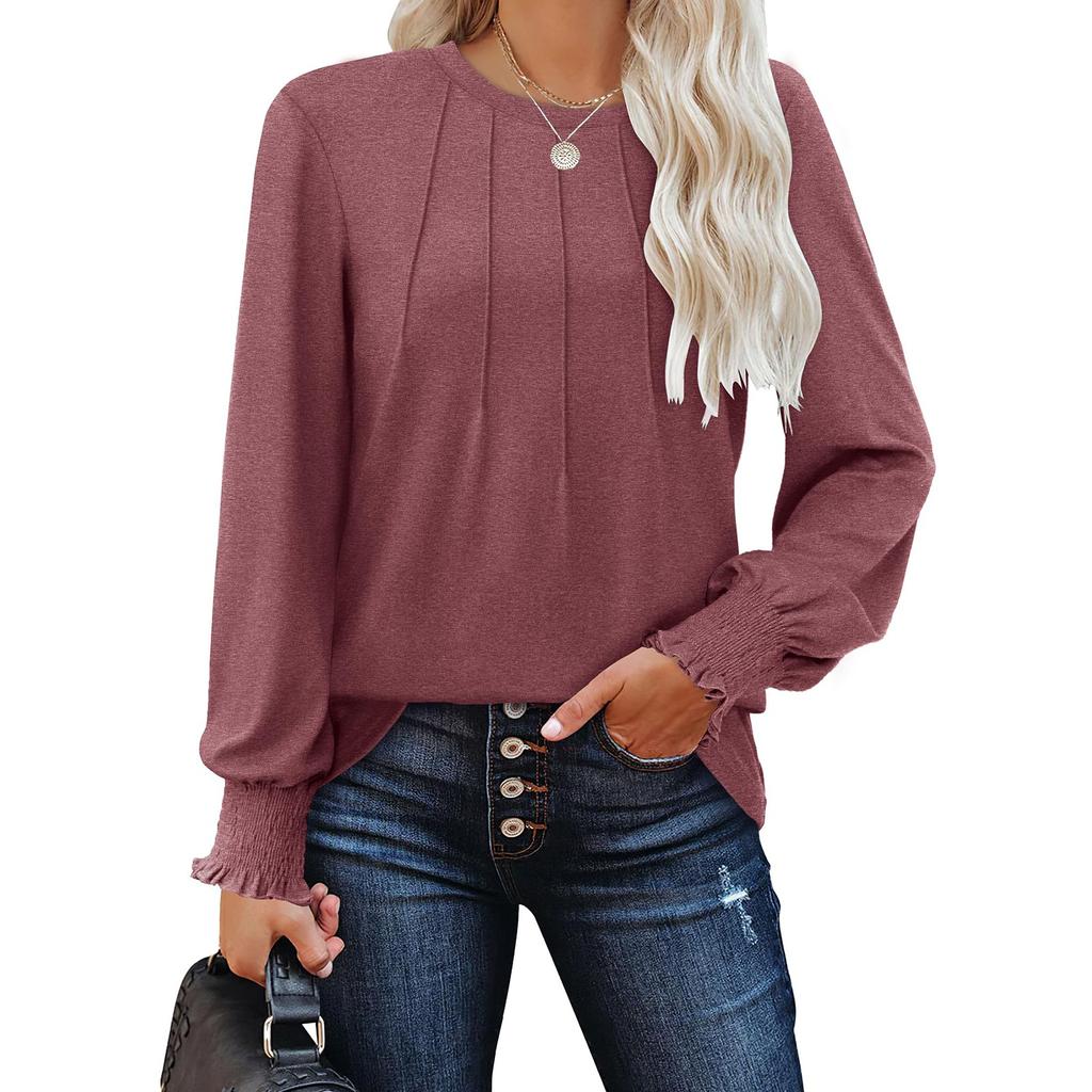 Женская модная повседневная плиссированная футболка с круглым вырезом и длинным рукавом, однотонная футболка