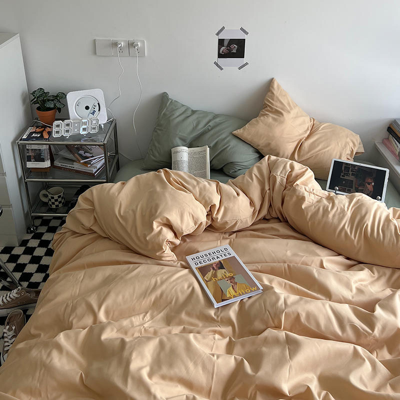 60 Thread Count Washed Cotton Solid Color Woven Four Piece Bed Sheet Fitted Sheet Style Simple and Fresh Three Piece Student Bed Set