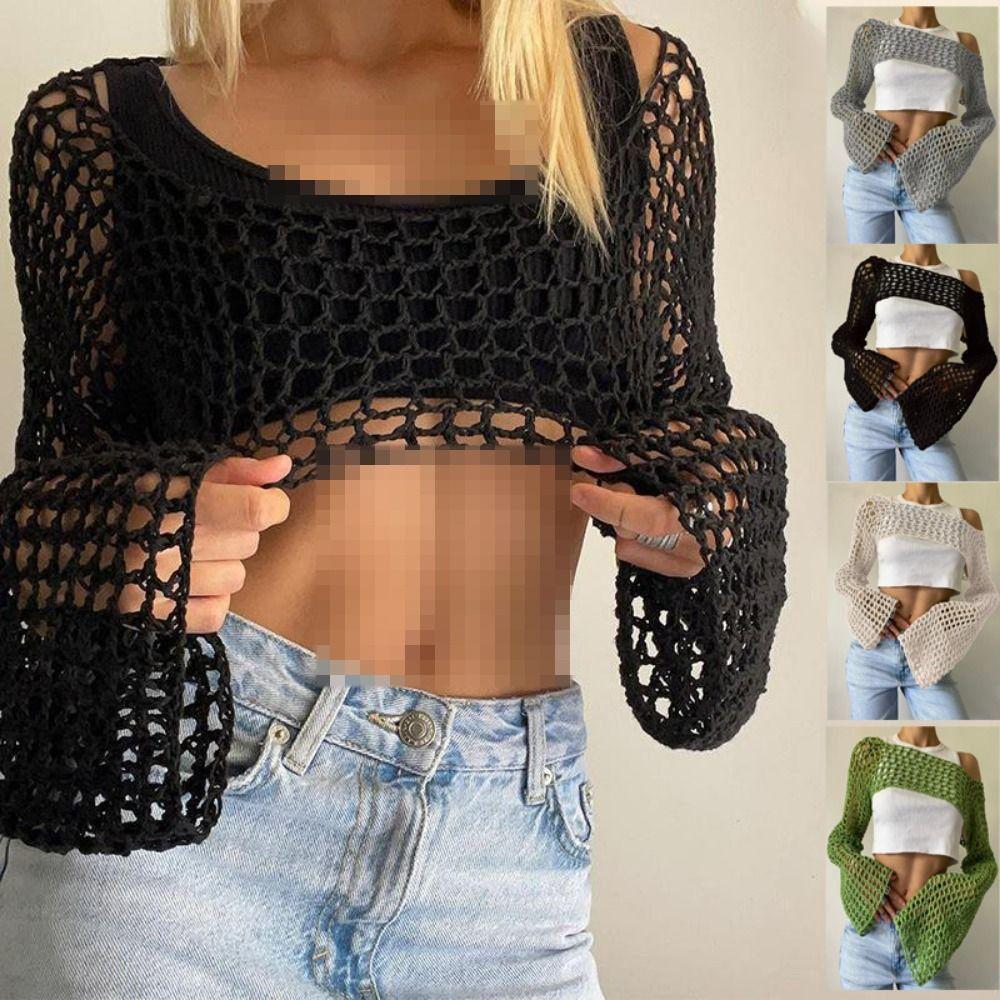 Soft Round Neck Shrug Pullover Y2K Women Crochet Crop Top Fashion Knit Hollow Out Crop Top Beach