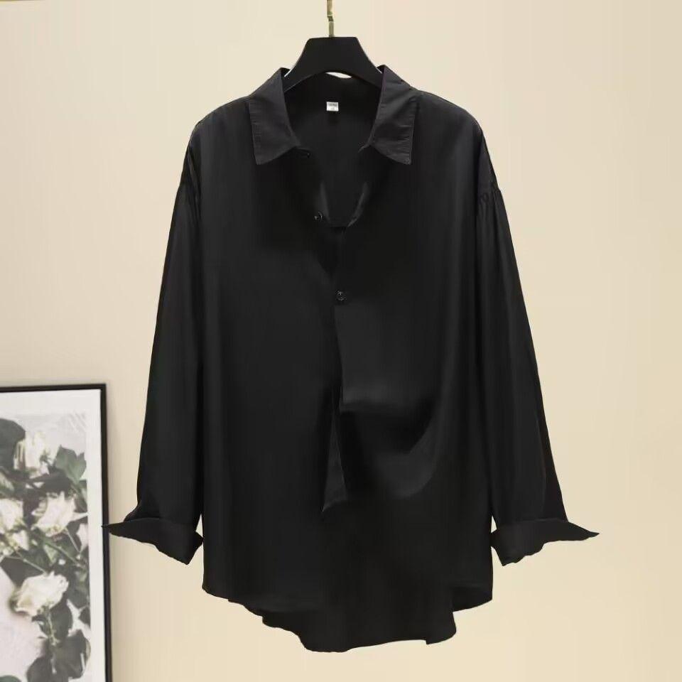 Рубашка в корейском стиле, свободная, повседневная, с длинным рукавом, однотонная, средней длины, летящая блузка