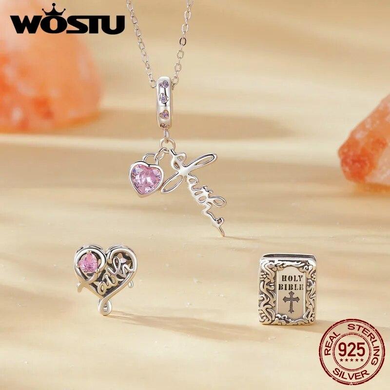 WOSTU 925 Sterling Silver Retro Butterfly Stopper Buckle Square Bible Beads Pink Faith Charms Fit Original Bracelet DIY Gifts