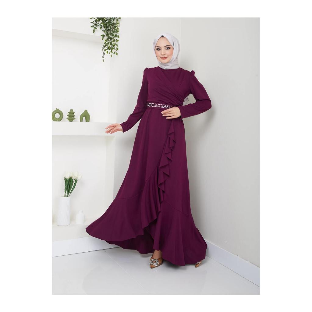 Women's Clothing Evening Dress Fashion Skirt Flounced Belt Stoned Hijab Evening Dress 2497 Black