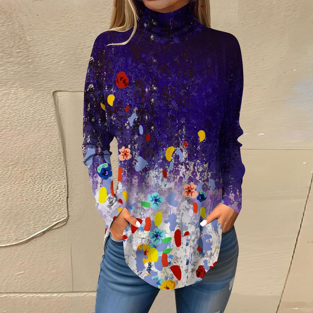 Tee Shirts For Women Fall Casual Long Sleeve Shirts Sweatshirt Solid Color High Neck Top Pullover