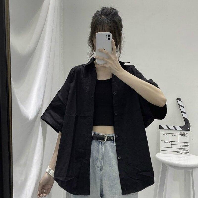 Shirts Women Short Sleeve Solid Harajuku Loose Vintage Ladies Tops All-match BF Summer Chic Stylish Basic Black Clothing Girls