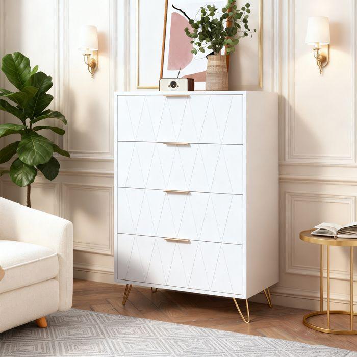 Commode à 4 Tiroirs - COZY - Blanc - Pieds Or - Motif Diamant - Anti-chute