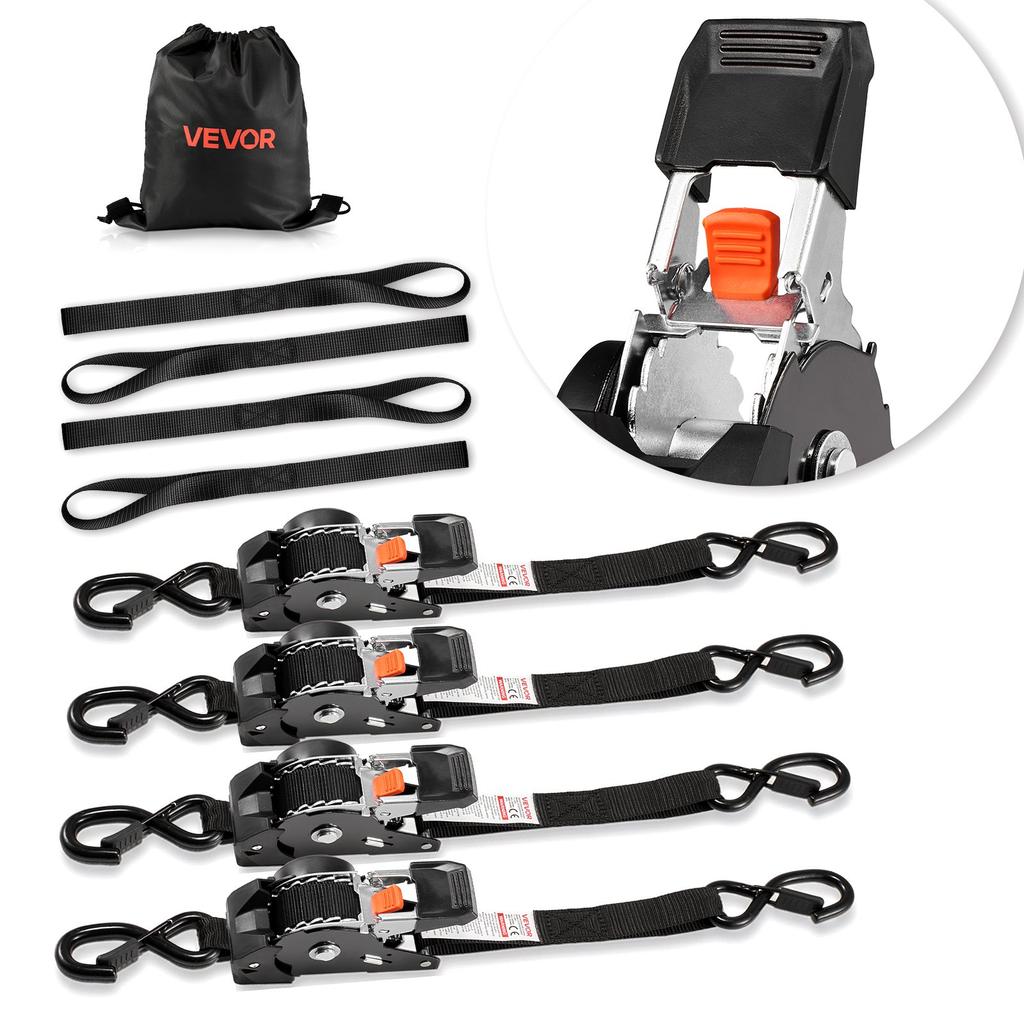 VEVOR Retractable Ratchet Straps, 25.4 mm x 3 m, Tie Down Straps with S Hooks, 544 kg Break Strength, 4 Soft Loops, Tie Down Ratcheting for Moving