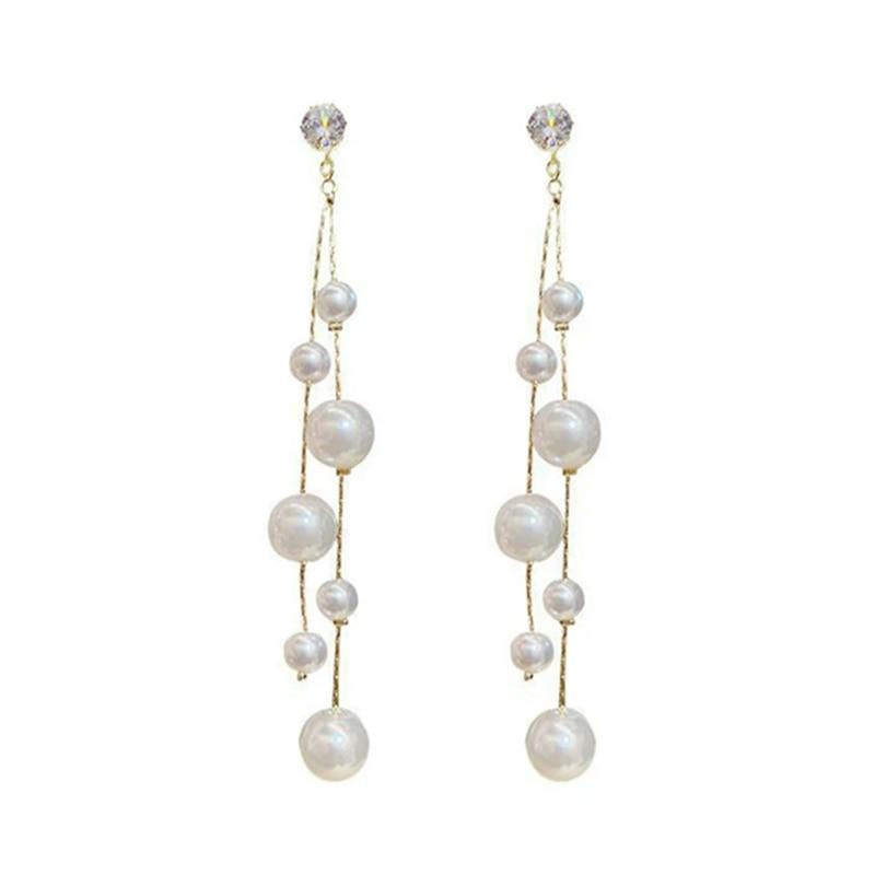 Cercei Dama Women's Asymmetric Multi-Bead Crystal Long Earrings Fashion Pearl Theme Gold Elegant Double Model EFAYN