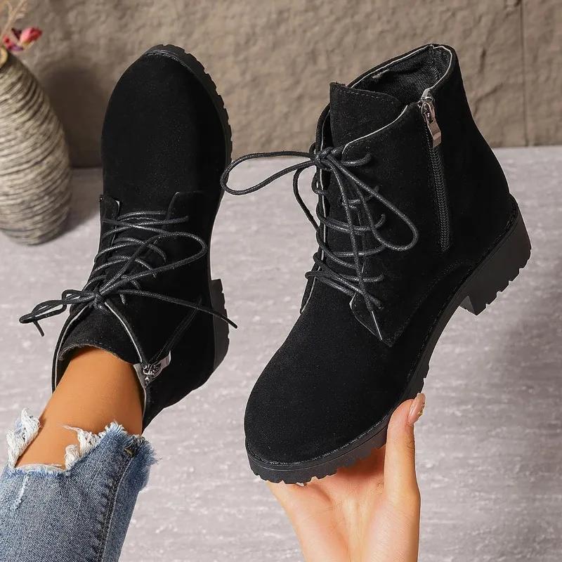 Женская обувь 2024 года, горячая распродажа, женские ботинки с боковой молнией, зимние, с круглым носком, однотонные, короткие, на низком каблуке, большие размеры, ботинки Zapatos De Mujer