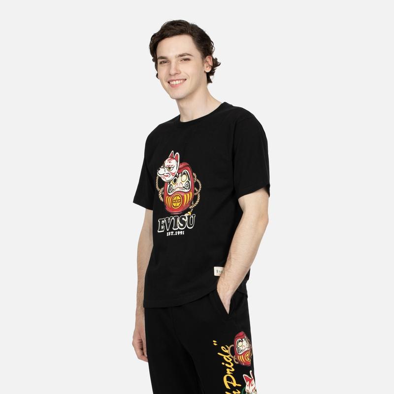 Evisu Мужская футболка Aw23 с принтом Дарума и маска Инари, французская печать, обычный крой, черная 2EAHTM3TS1094XXCT